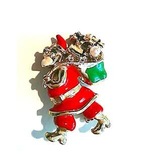 Christmas Santa Clause Brooch Pin with Pearl Holiday Sweater Scarf Coat Jacket